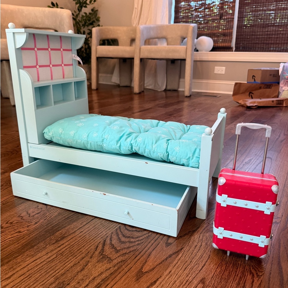 American Girl Doll Tiffany Blue Bed Rebecca & 
 Red Suitcase with Blue detail.